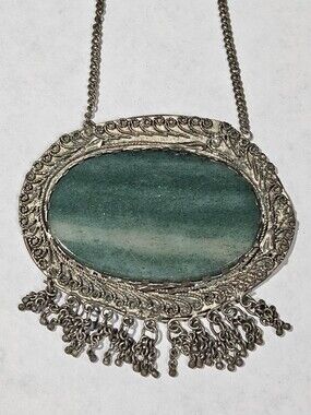 Vintage Ornate Silver-Tone Green Stone Chain Fringe Filigree Pendant Necklace